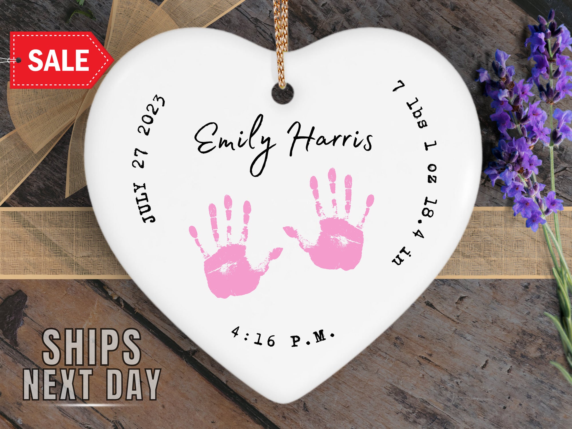 Baby Birth Stats Ornament - Handprints Keepsake